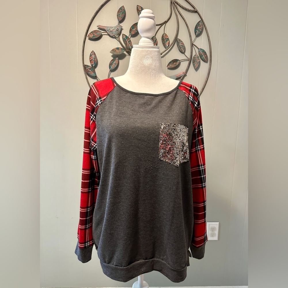 Red Plaid Raglan W/ Gold Sequin Pocket